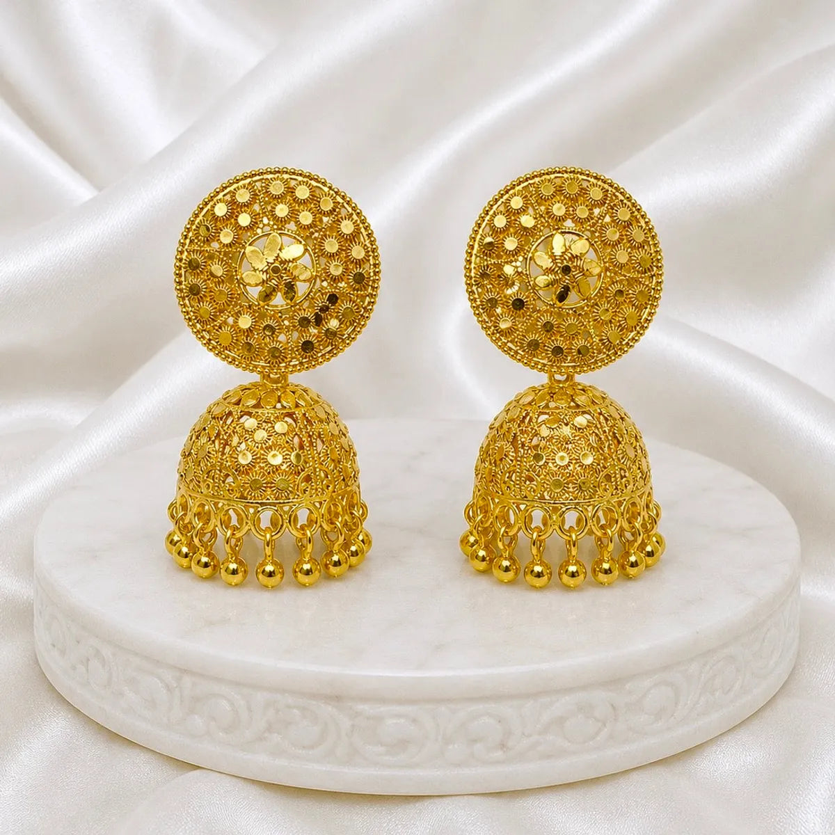 Gold Plated Floral Mesh Ghungroo Jhumka Earrings For Women