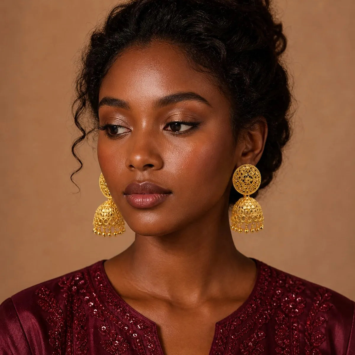 Gold Plated Floral Mesh Ghungroo Jhumka Earrings For Women
