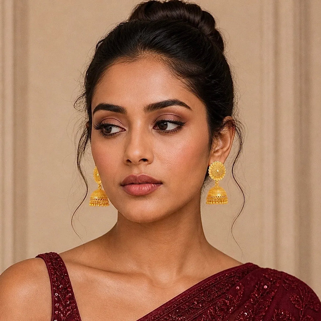 Gold Plated Floral Sunburst Temple Style Jhumki Earrings For Women