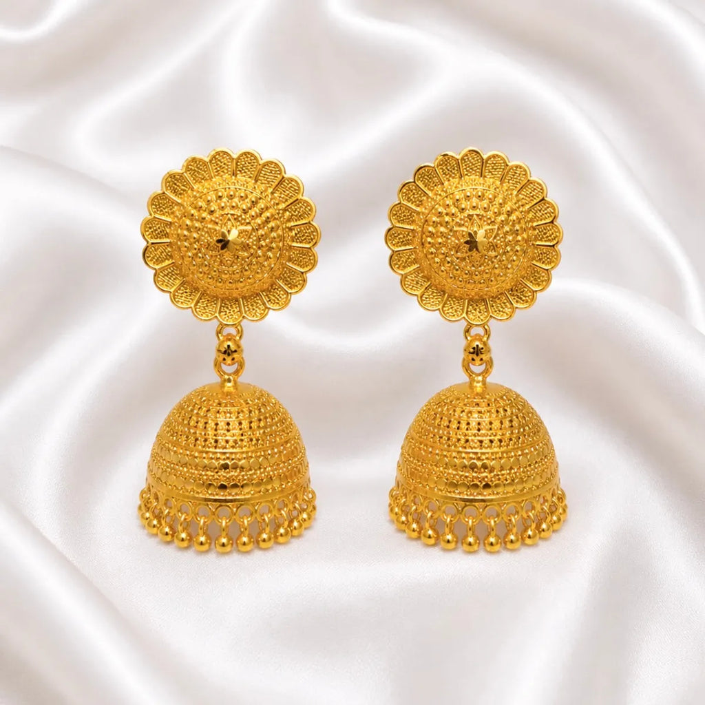 Gold Plated Floral Sunburst Temple Style Jhumki Earrings For Women