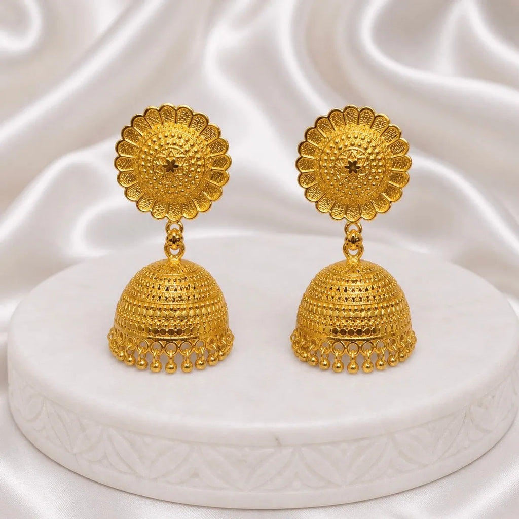 Gold Plated Floral Sunburst Temple Style Jhumki Earrings For Women