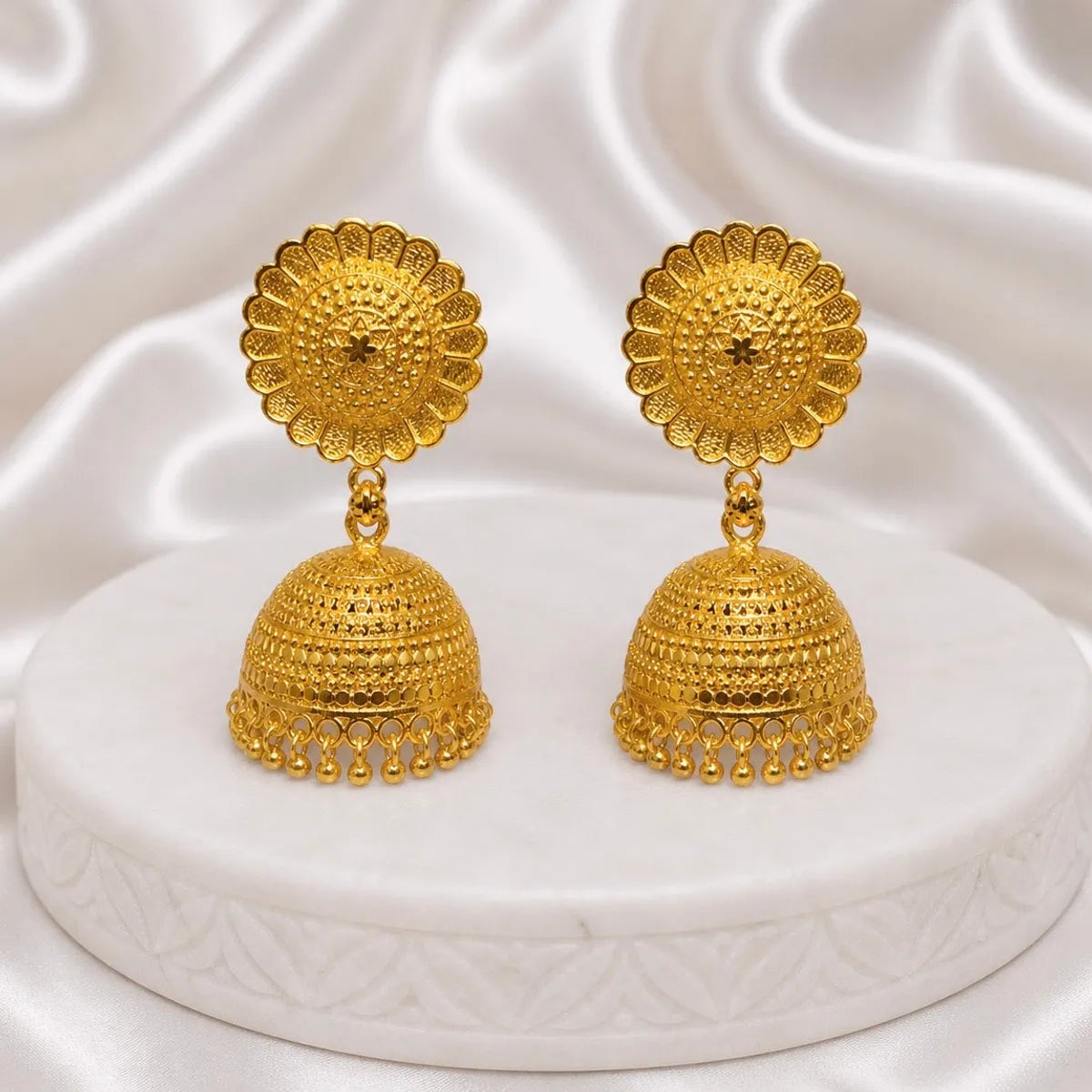 Gold Plated Floral Sunburst Temple Style Jhumki Earrings For Women