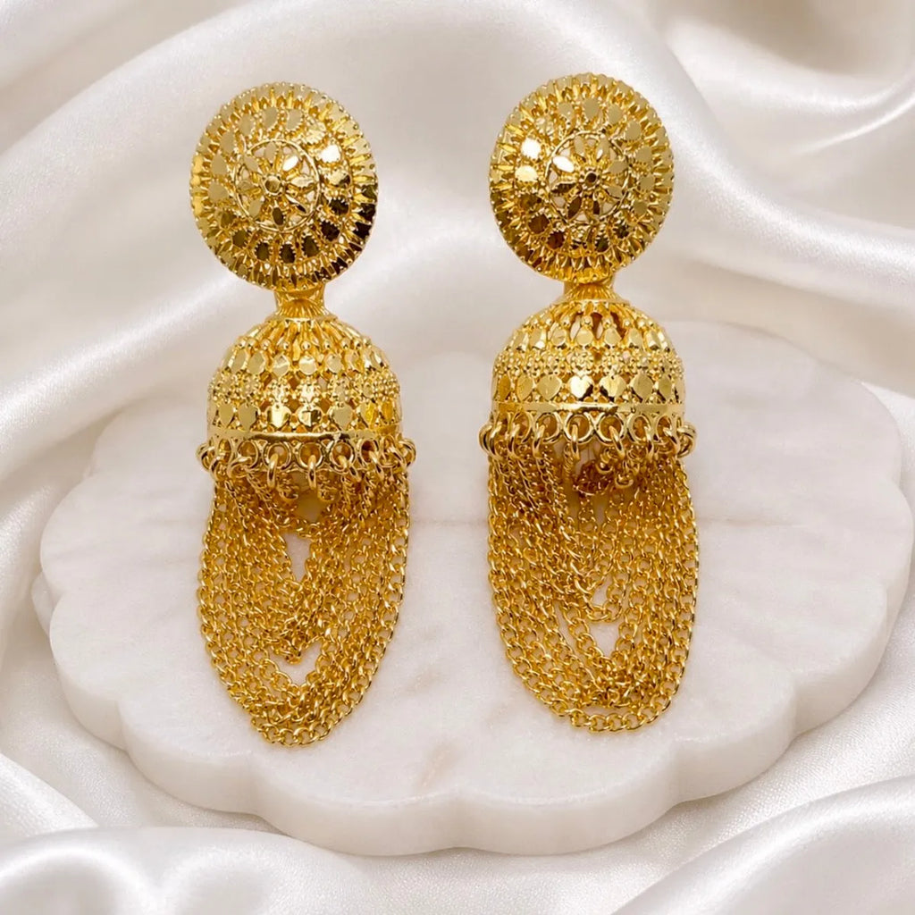 Gold Plated Chain Tassel Temple Jhumki Earrings For Women