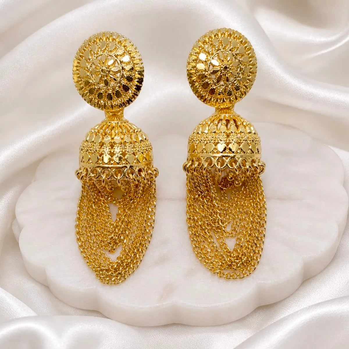 Gold Plated Chain Tassel Temple Jhumki Earrings For Women