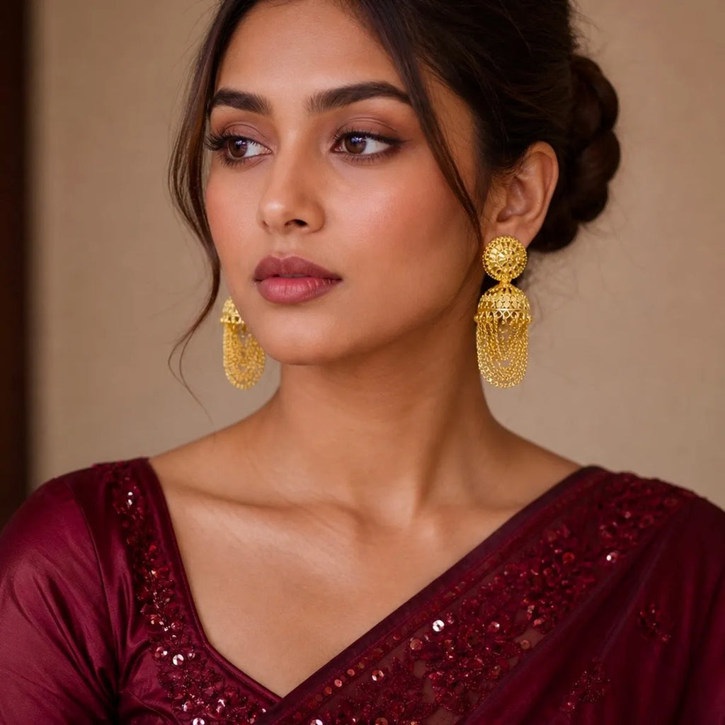 Gold Plated Chain Tassel Temple Jhumki Earrings For Women