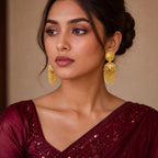 Gold Plated Chain Tassel Temple Jhumki Earrings For Women