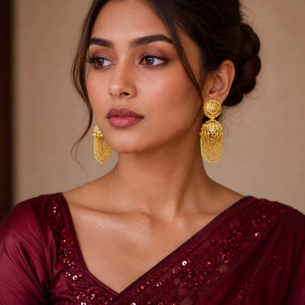 Gold Plated Chain Tassel Temple Jhumki Earrings For Women