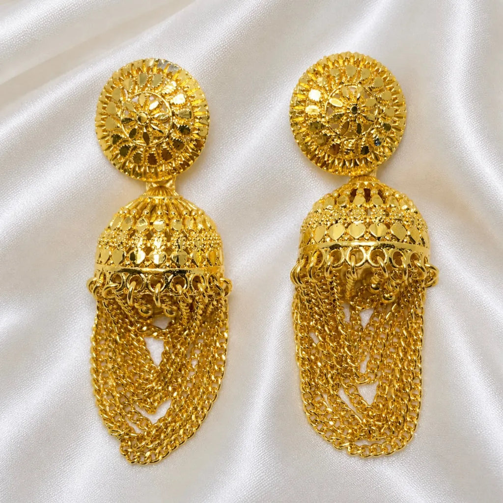Gold Plated Chain Tassel Temple Jhumki Earrings For Women