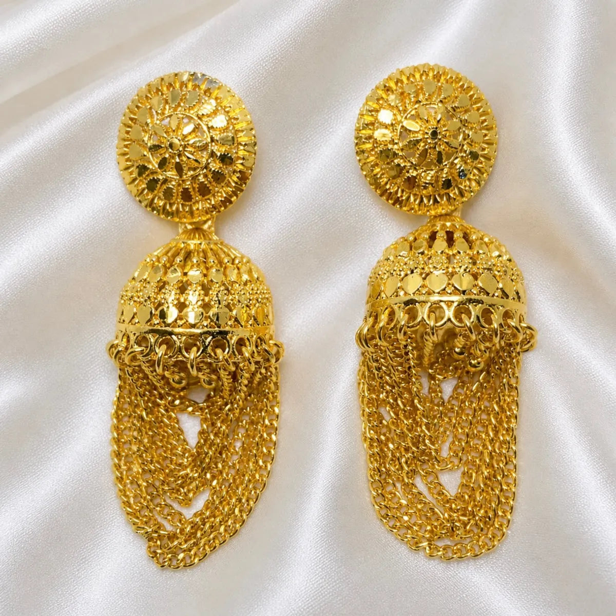 Gold Plated Chain Tassel Temple Jhumki Earrings For Women