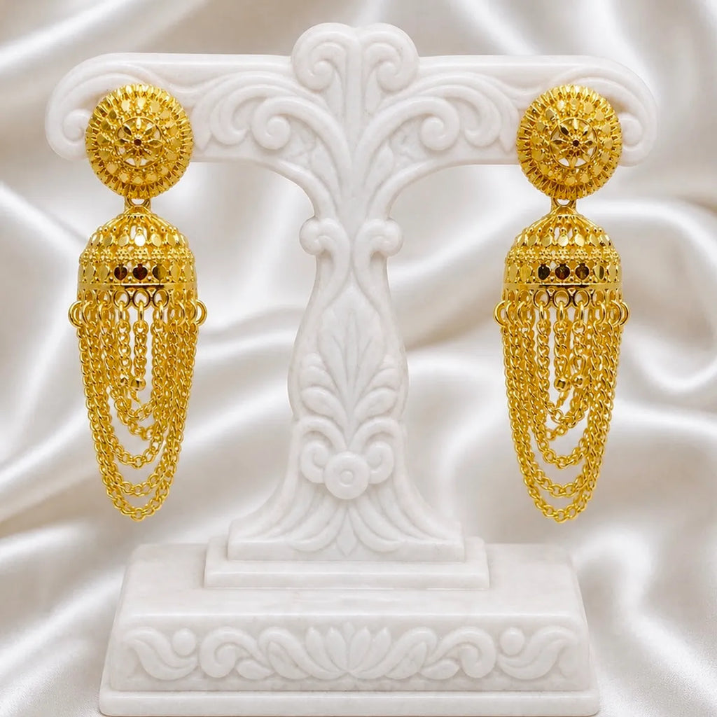 Gold Plated Chain Tassel Temple Jhumki Earrings For Women