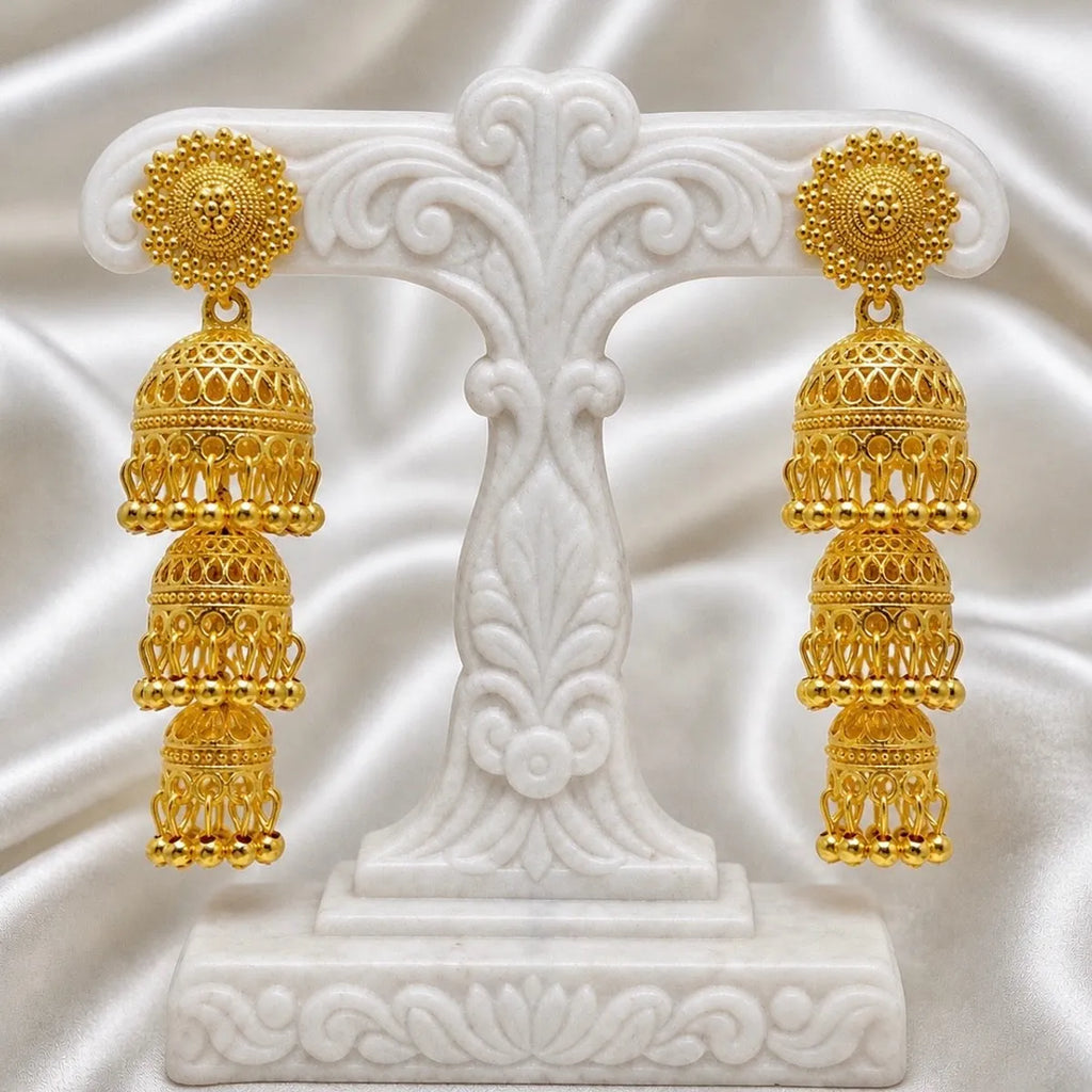 Gold Copper Triple Dome Ghungroo Jhumka Earrings For Women