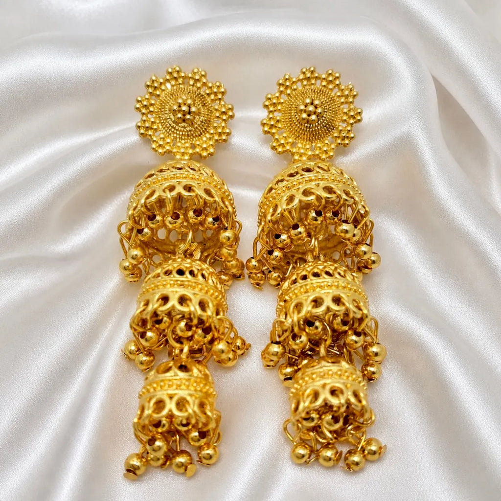 Gold Copper Triple Dome Ghungroo Jhumka Earrings For Women