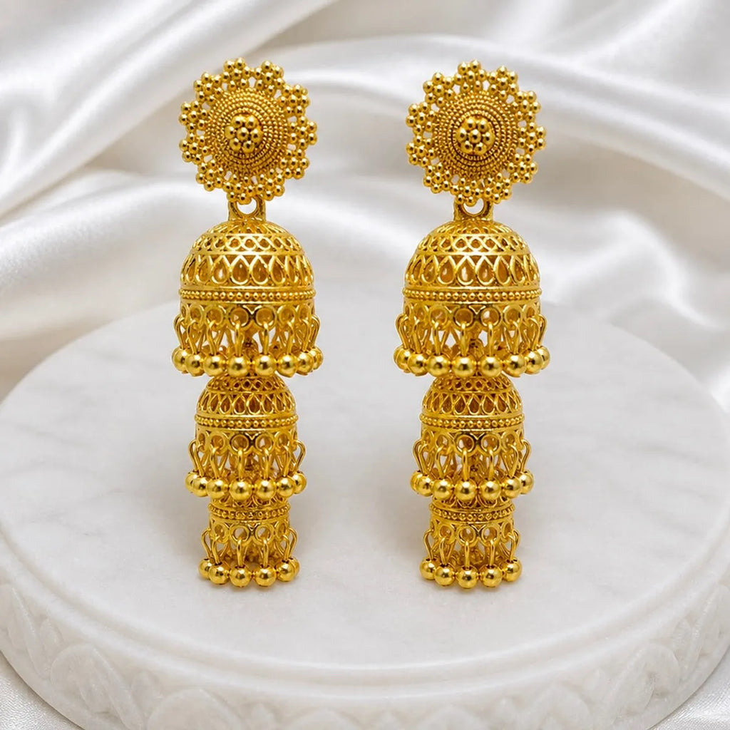 Gold Copper Triple Dome Ghungroo Jhumka Earrings For Women
