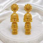 Gold Copper Triple Dome Ghungroo Jhumka Earrings For Women