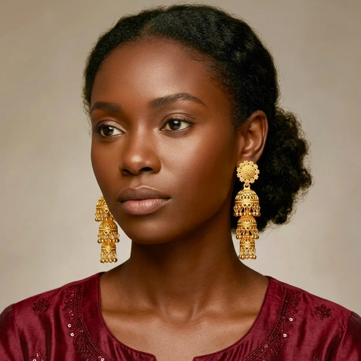 Gold Copper Triple Dome Ghungroo Jhumka Earrings For Women