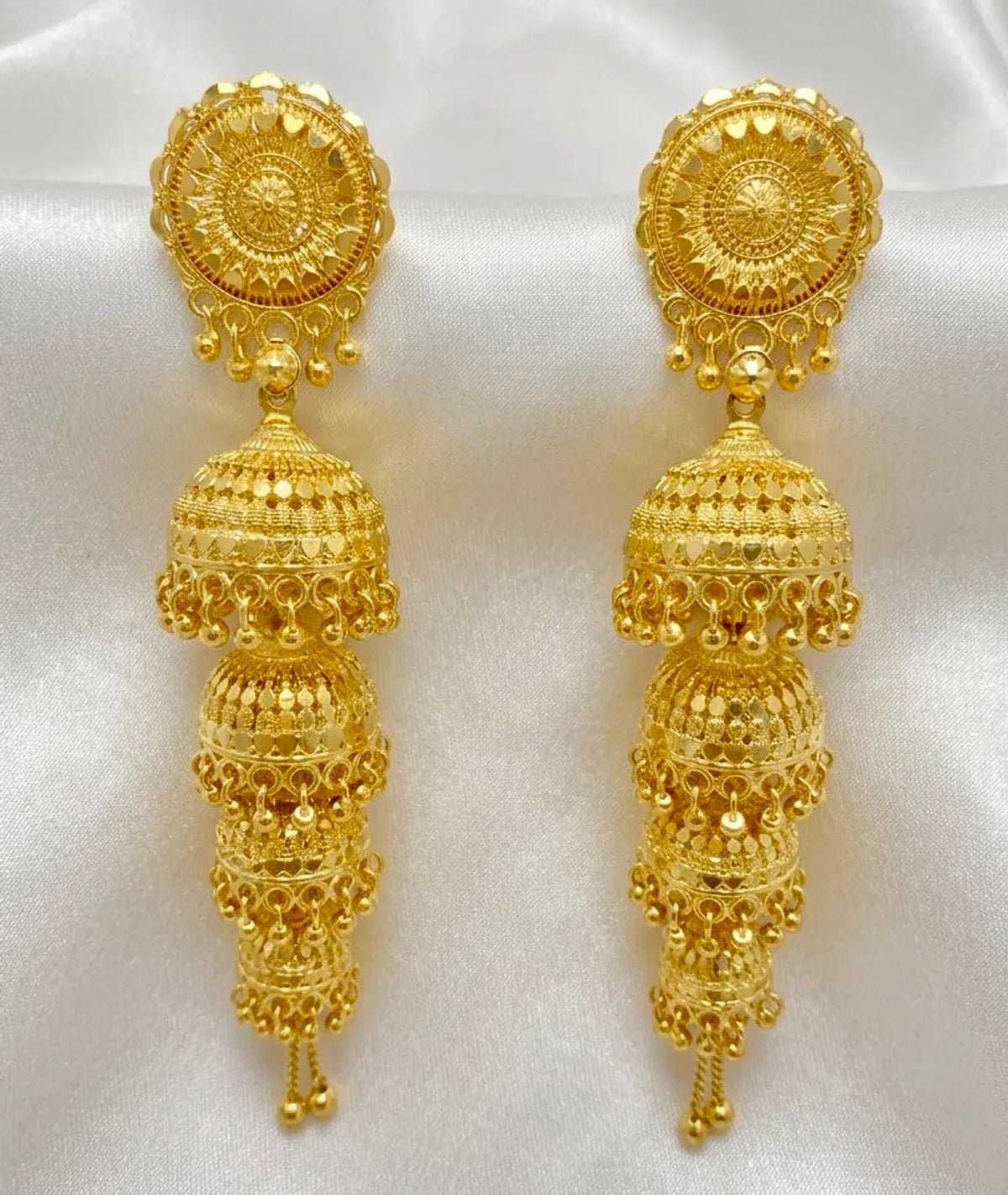 Gold Plated Multi Layer Ghungroo Mesh Jhumka Earrings For Women