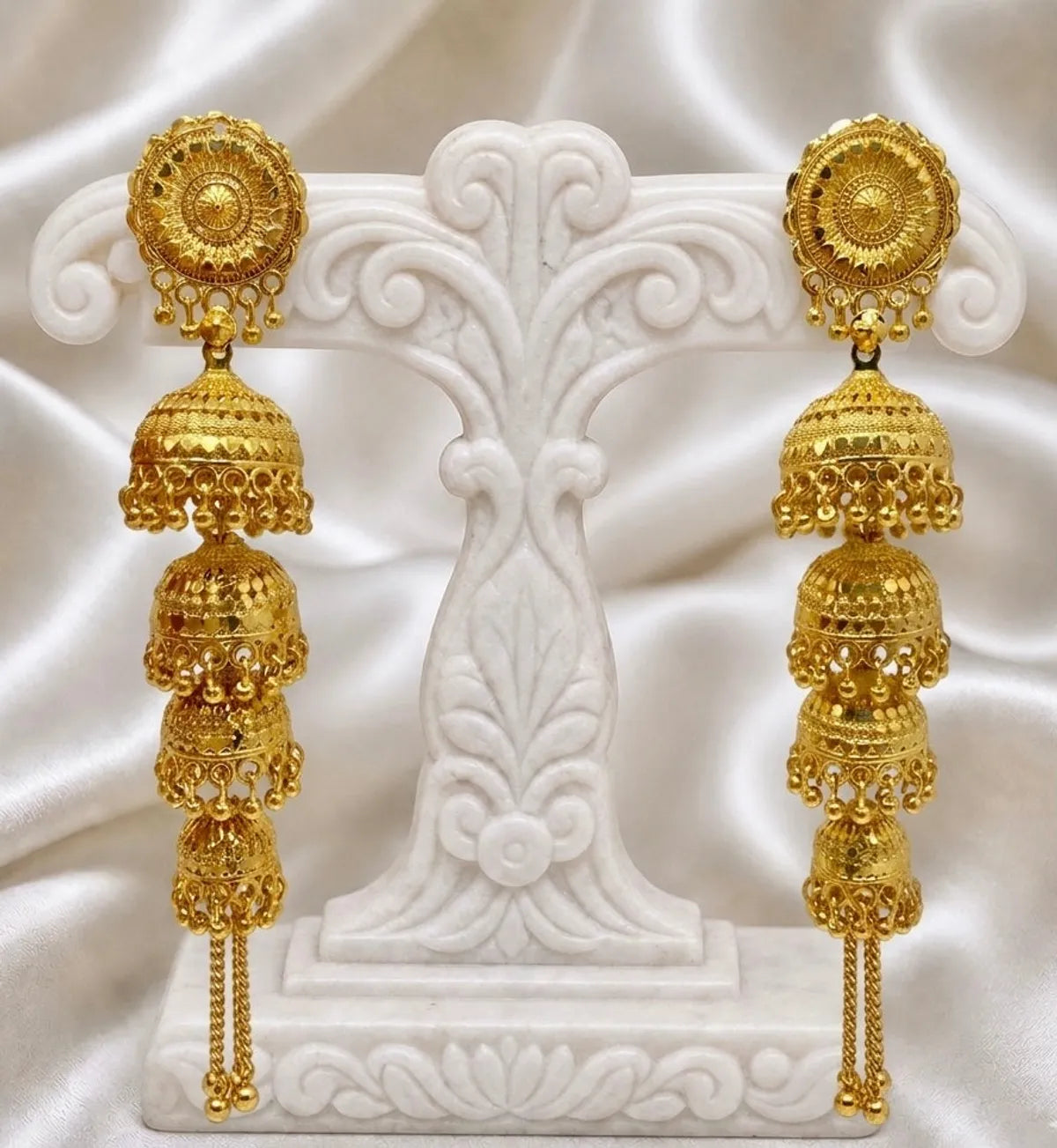 Gold Plated Multi Layer Ghungroo Mesh Jhumka Earrings For Women