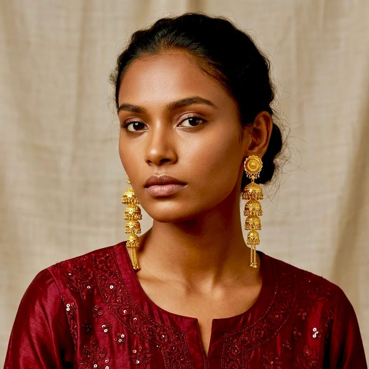 Gold Plated Multi Layer Ghungroo Mesh Jhumka Earrings For Women