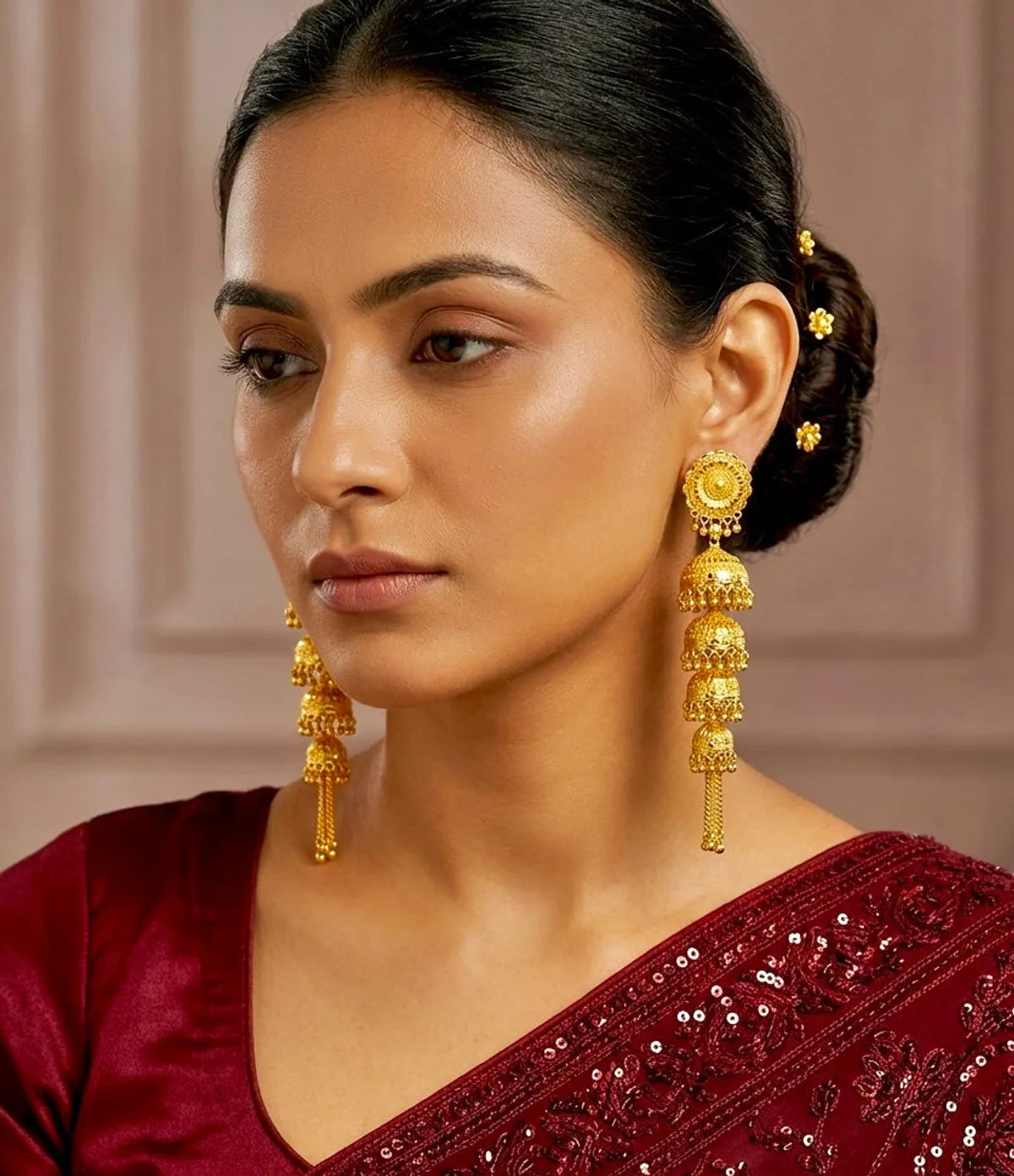Gold Plated Multi Layer Ghungroo Mesh Jhumka Earrings For Women