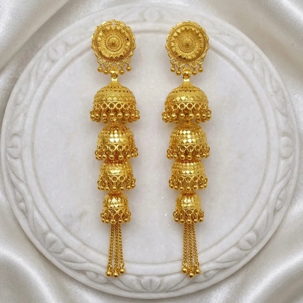 Gold Plated Multi Layer Ghungroo Mesh Jhumka Earrings For Women