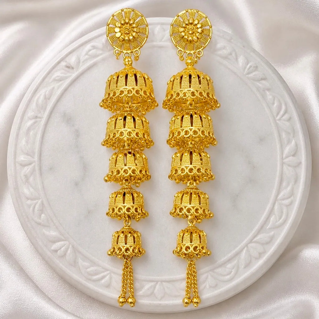 Gold Plated Multi Layer Ghungroo Mesh Temple Jhumka Earrings For Women