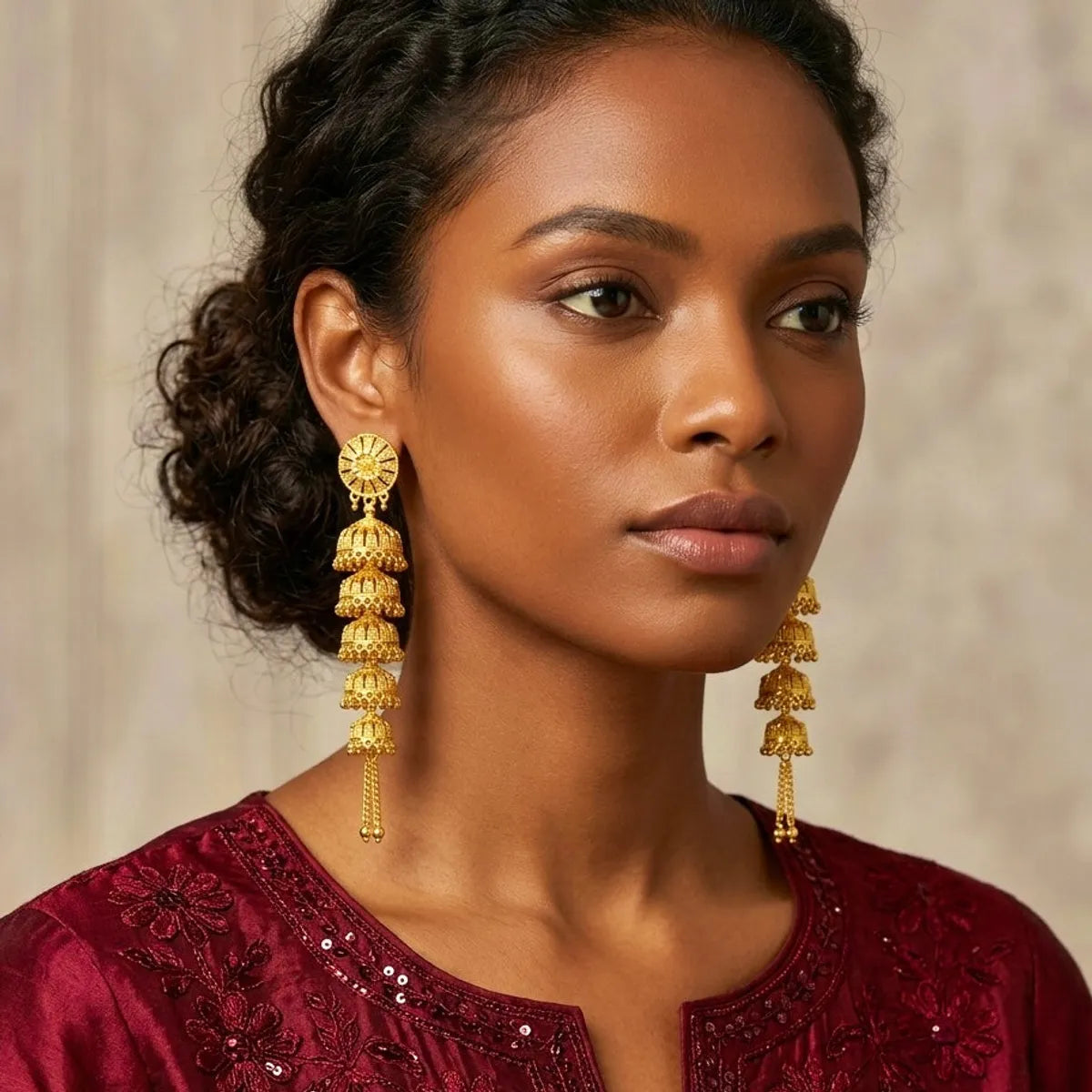 Gold Plated Multi Layer Ghungroo Mesh Temple Jhumka Earrings For Women