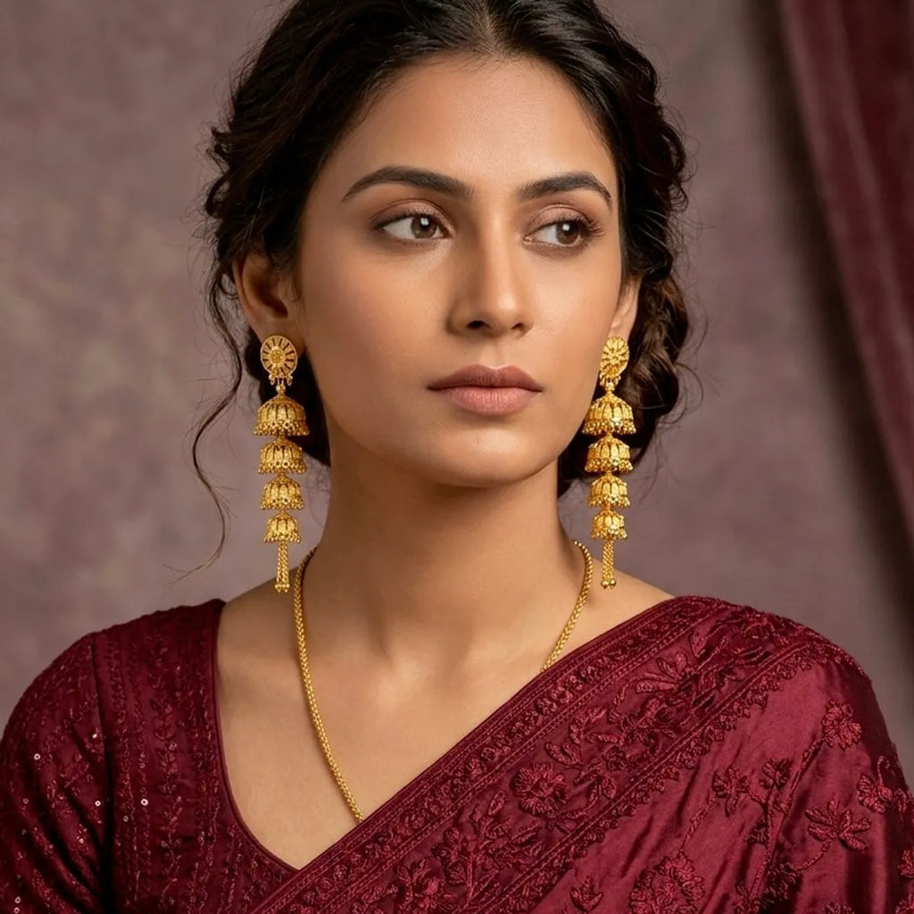Gold Plated Multi Layer Ghungroo Mesh Temple Jhumka Earrings For Women