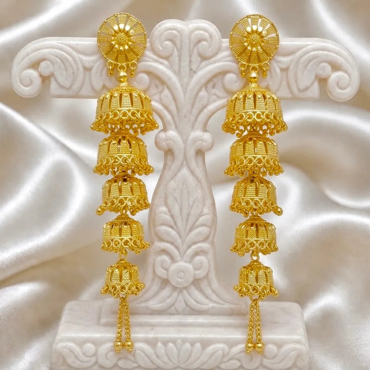 Gold Plated Multi Layer Ghungroo Mesh Temple Jhumka Earrings For Women