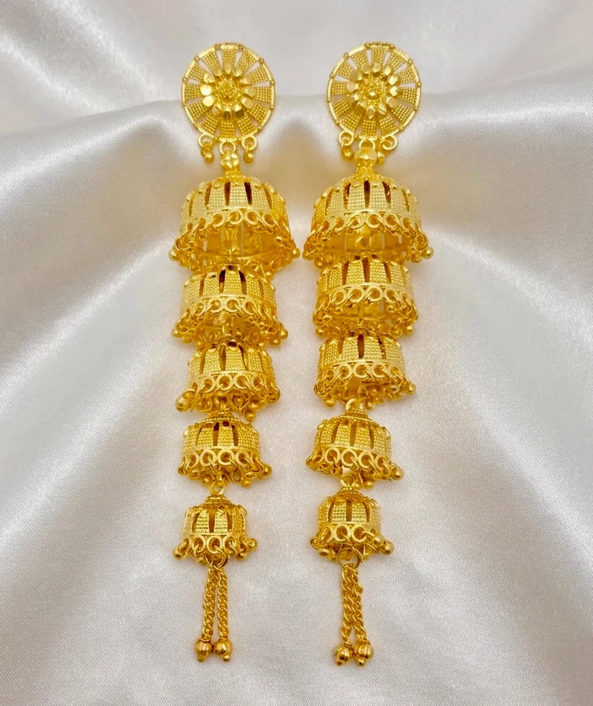 Gold Plated Multi Layer Ghungroo Mesh Temple Jhumka Earrings For Women