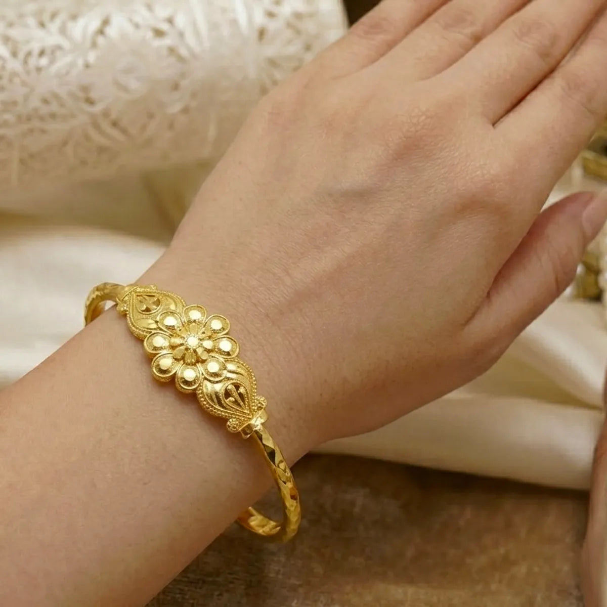 Gold Micro Plated Copper Floral Paisley Traditional Bangle Set Of 2