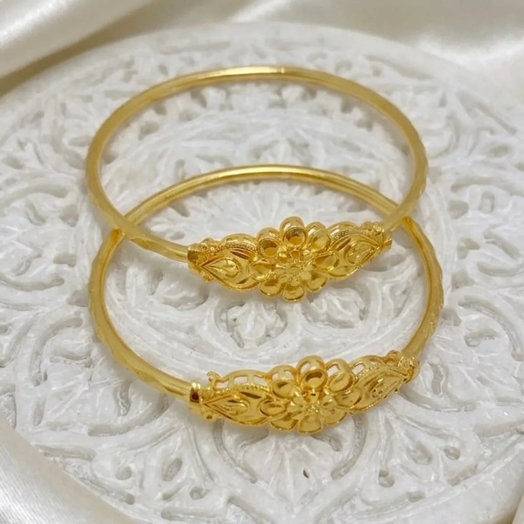 Gold Micro Plated Copper Floral Paisley Traditional Bangle Set Of 2