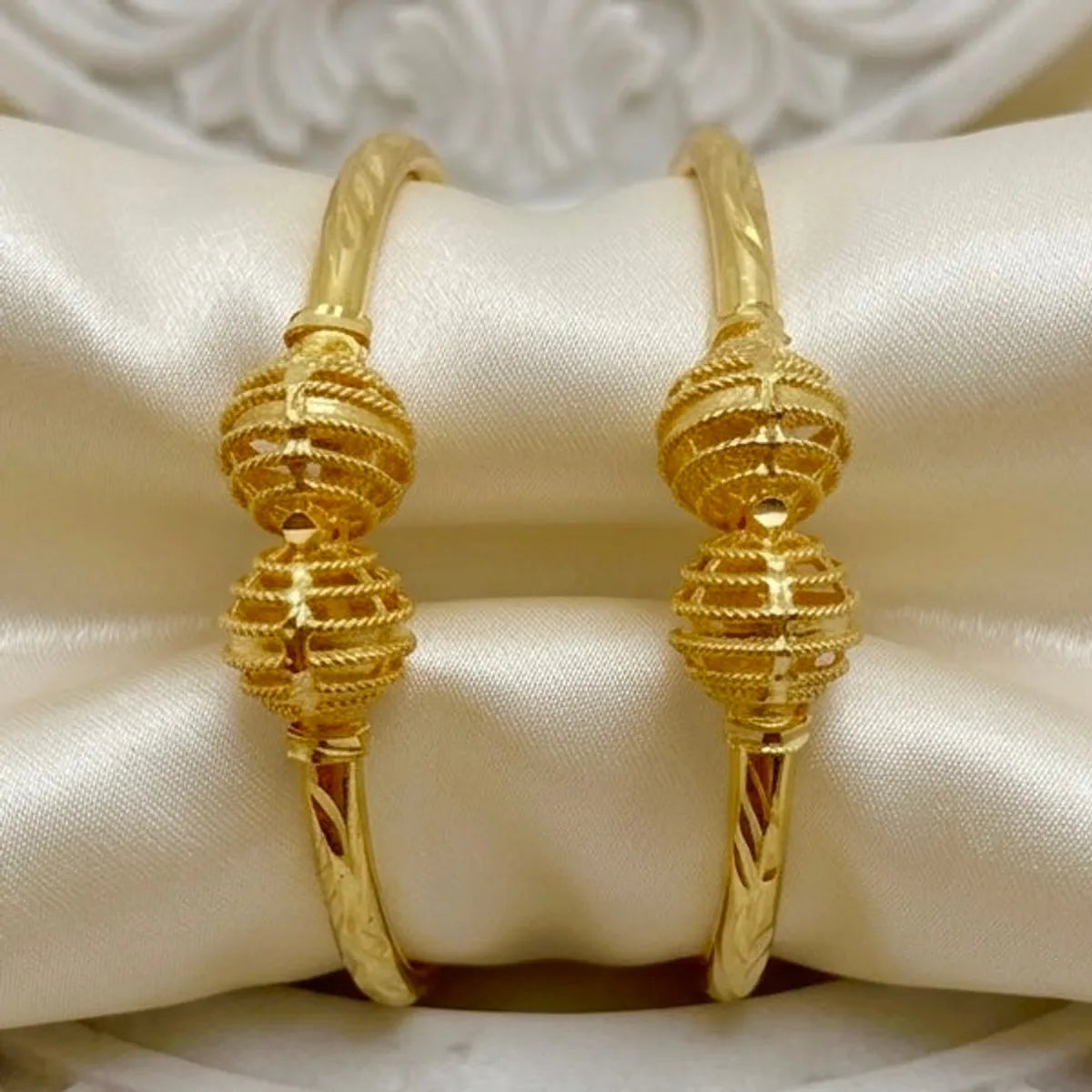 Gold Micro Plated Double Bead Traditional Bangle Set Of 2