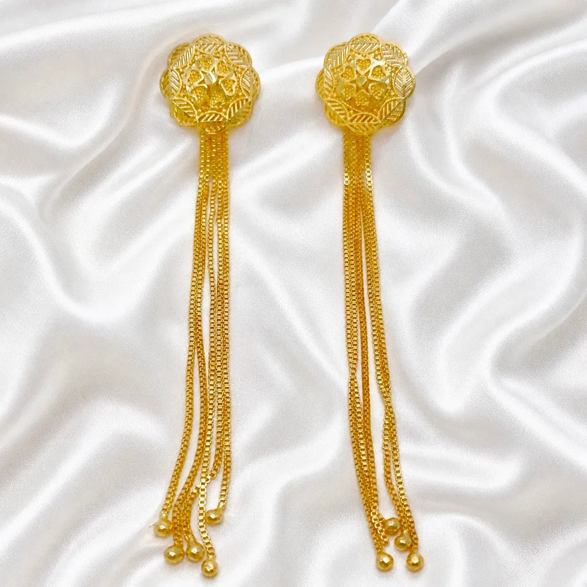 Gold Copper Floral Top Long Tassel Chain Temple Earrings For Women