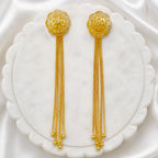 Gold Copper Floral Top Long Tassel Chain Temple Earrings For Women