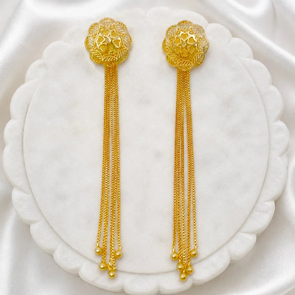 Gold Copper Floral Top Long Tassel Chain Temple Earrings For Women