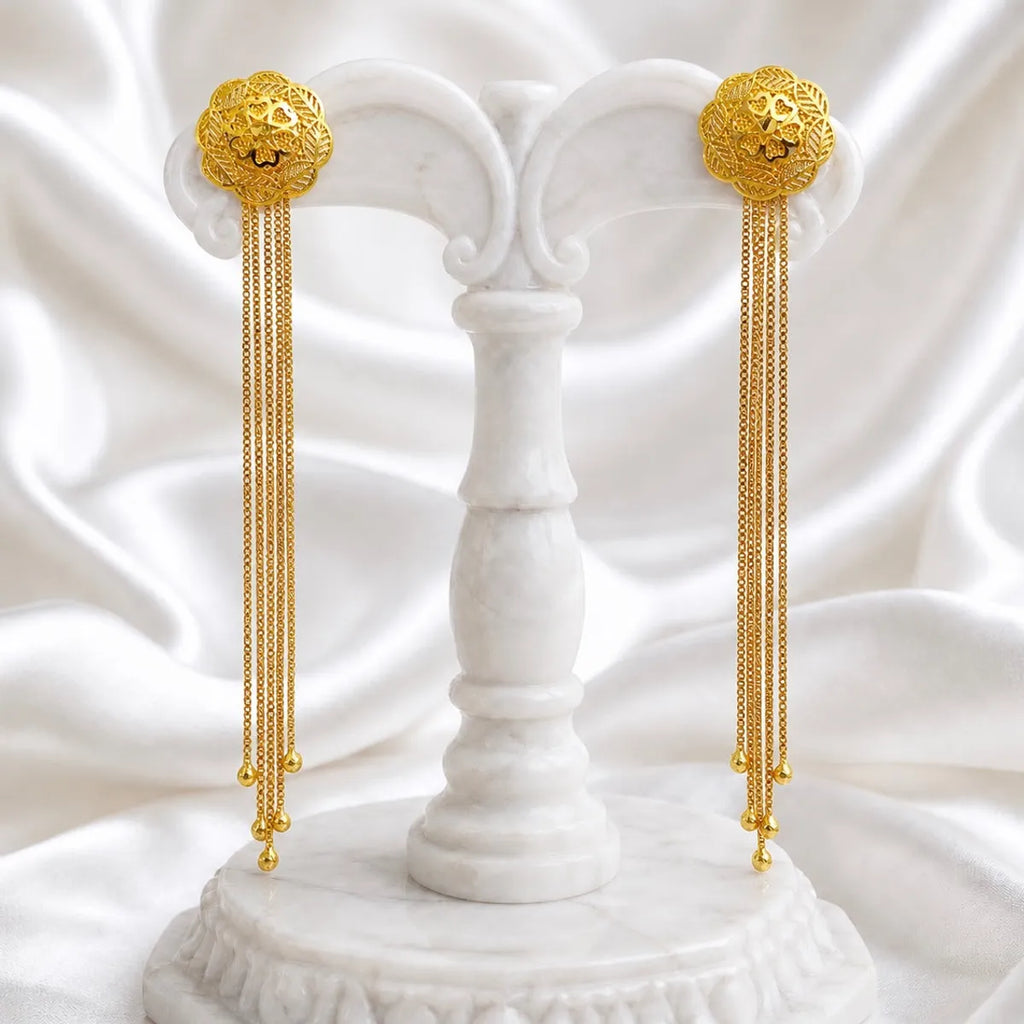 Gold Copper Floral Top Long Tassel Chain Temple Earrings For Women