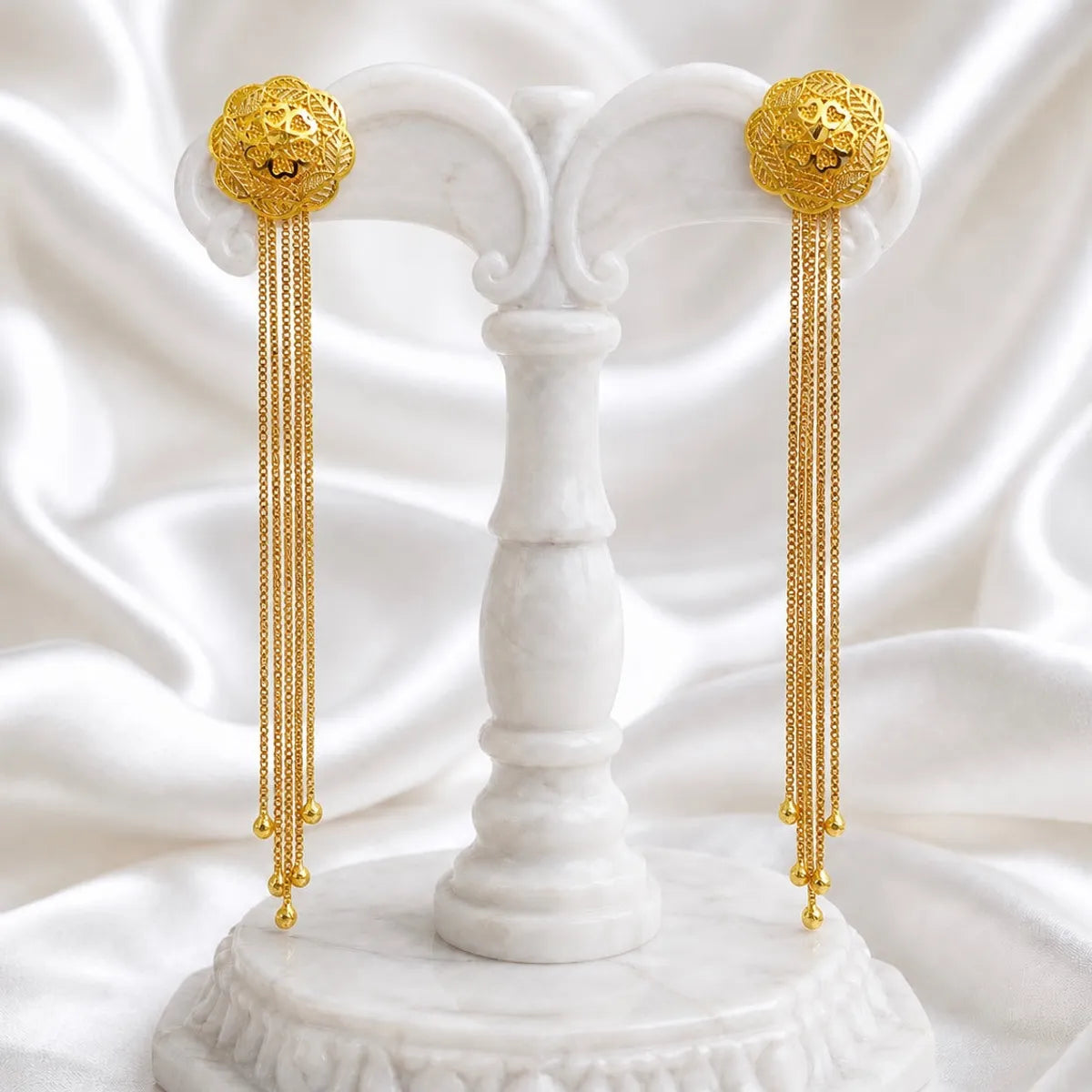 Gold Copper Floral Top Long Tassel Chain Temple Earrings For Women