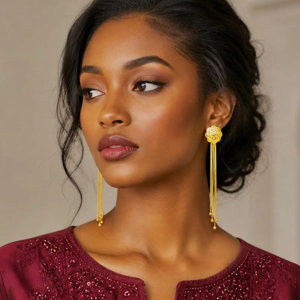 Gold Copper Floral Top Long Tassel Chain Temple Earrings For Women