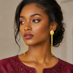 Gold Copper Floral Top Long Tassel Chain Temple Earrings For Women