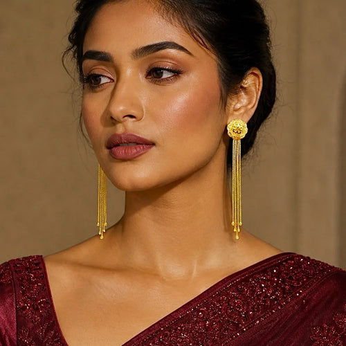 Gold Copper Floral Top Long Tassel Chain Temple Earrings For Women