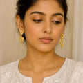 Gold Plated Ad Ruby Floral Drop Earrings For Women
