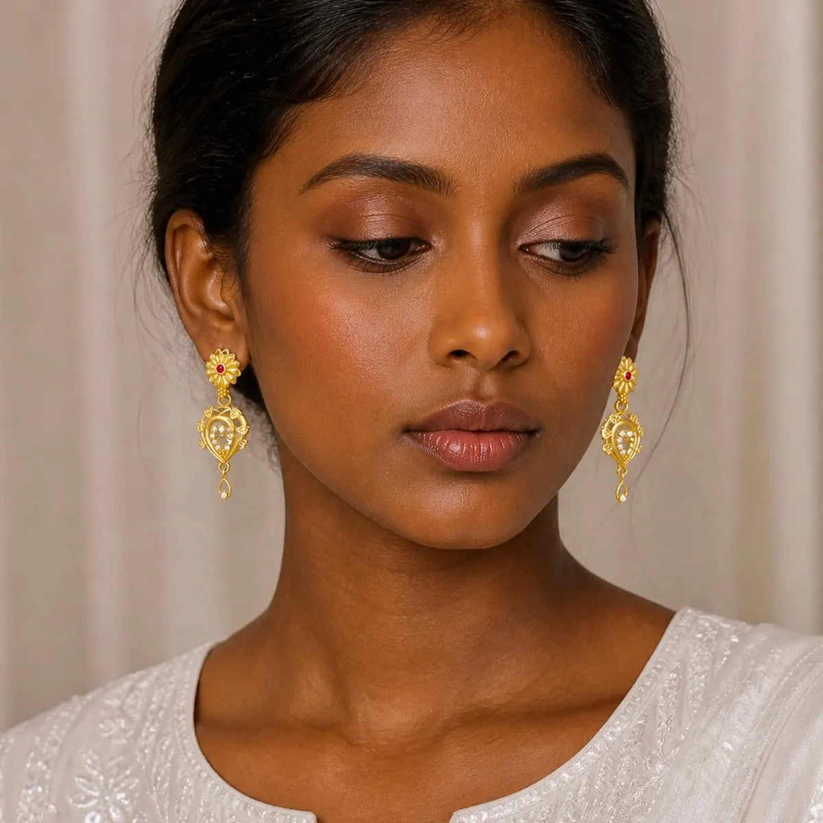 Gold Plated Ad Ruby Floral Drop Earrings For Women