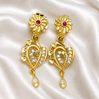 Gold Plated Ad Ruby Floral Drop Earrings For Women