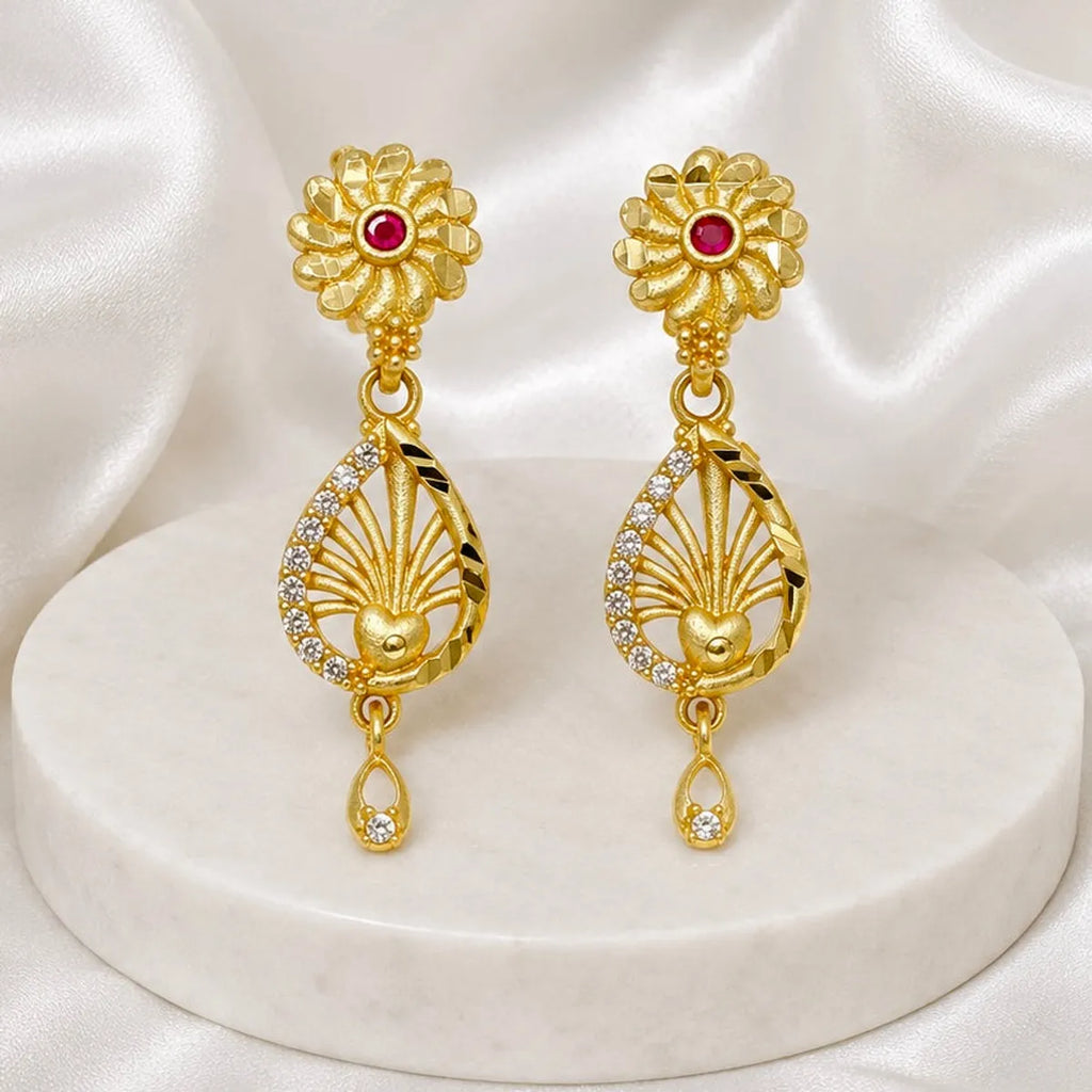 Gold Micro Plated Floral Ruby Ad Teardrop Earrings For Women