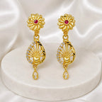 Gold Micro Plated Floral Ruby Ad Teardrop Earrings For Women