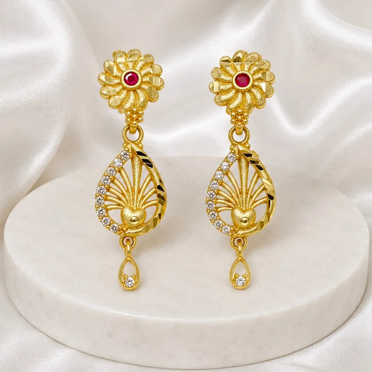 Gold Micro Plated Floral Ruby Ad Teardrop Earrings For Women