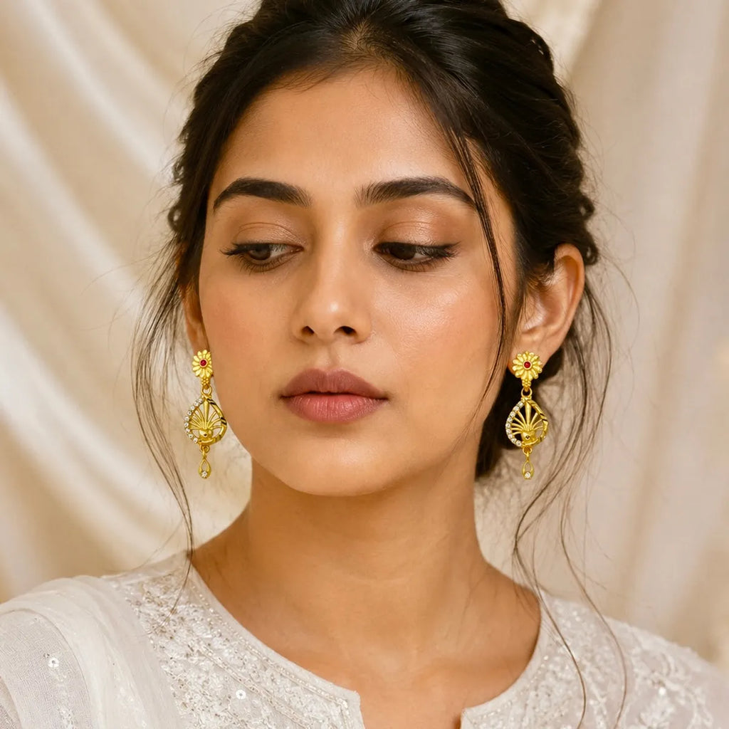 Gold Micro Plated Floral Ruby Ad Teardrop Earrings For Women