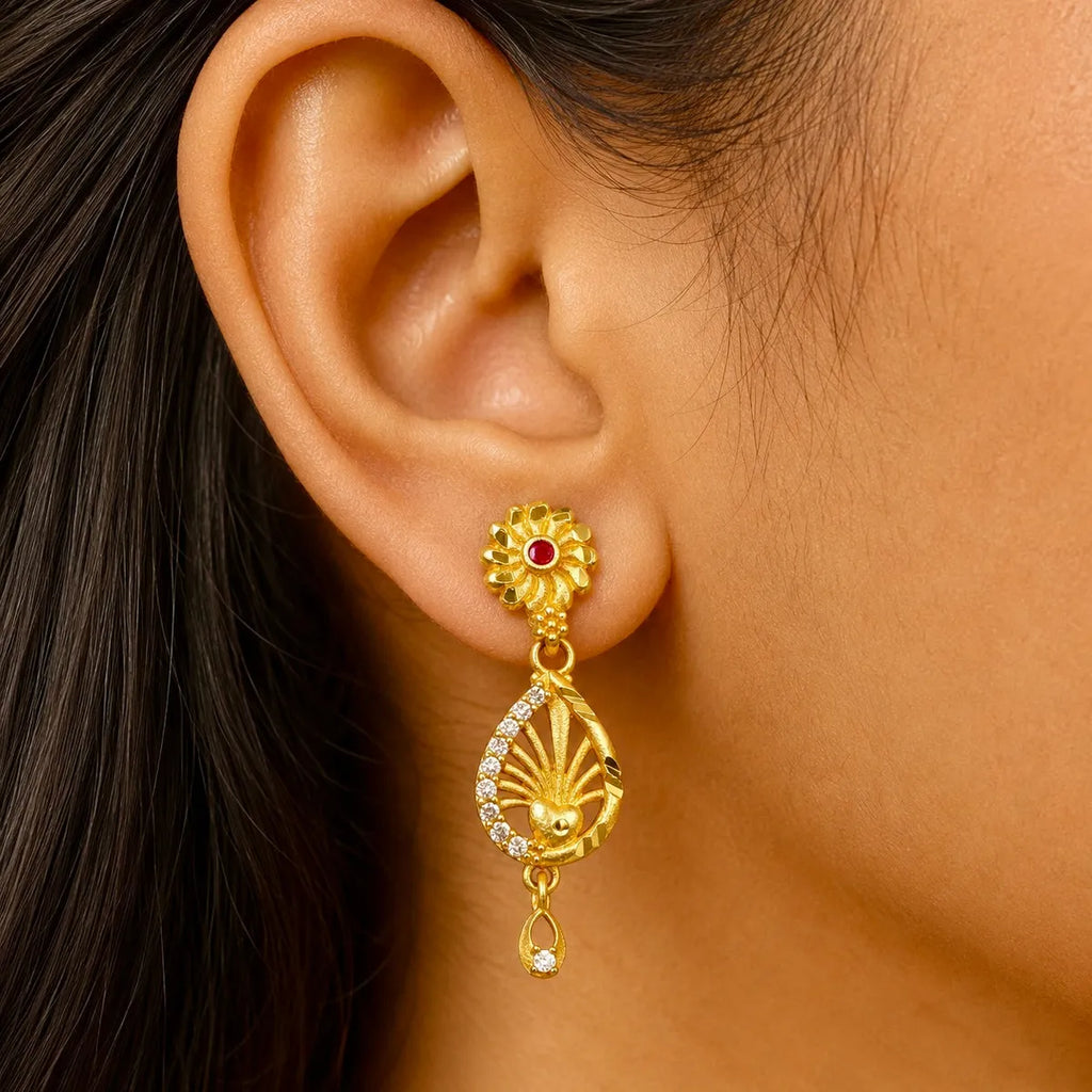 Gold Micro Plated Floral Ruby Ad Teardrop Earrings For Women