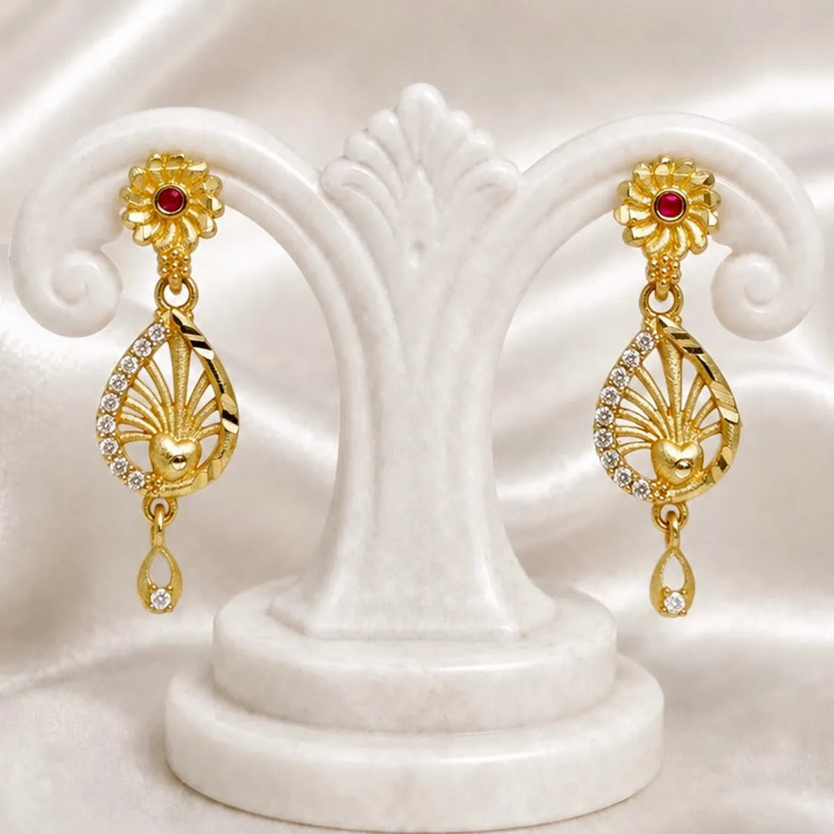Gold Micro Plated Floral Ruby Ad Teardrop Earrings For Women