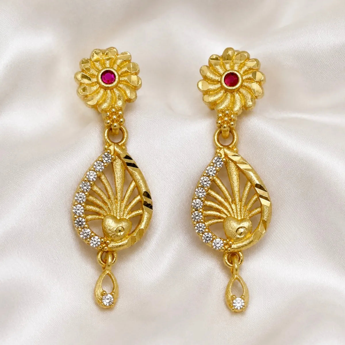 Gold Micro Plated Floral Ruby Ad Teardrop Earrings For Women
